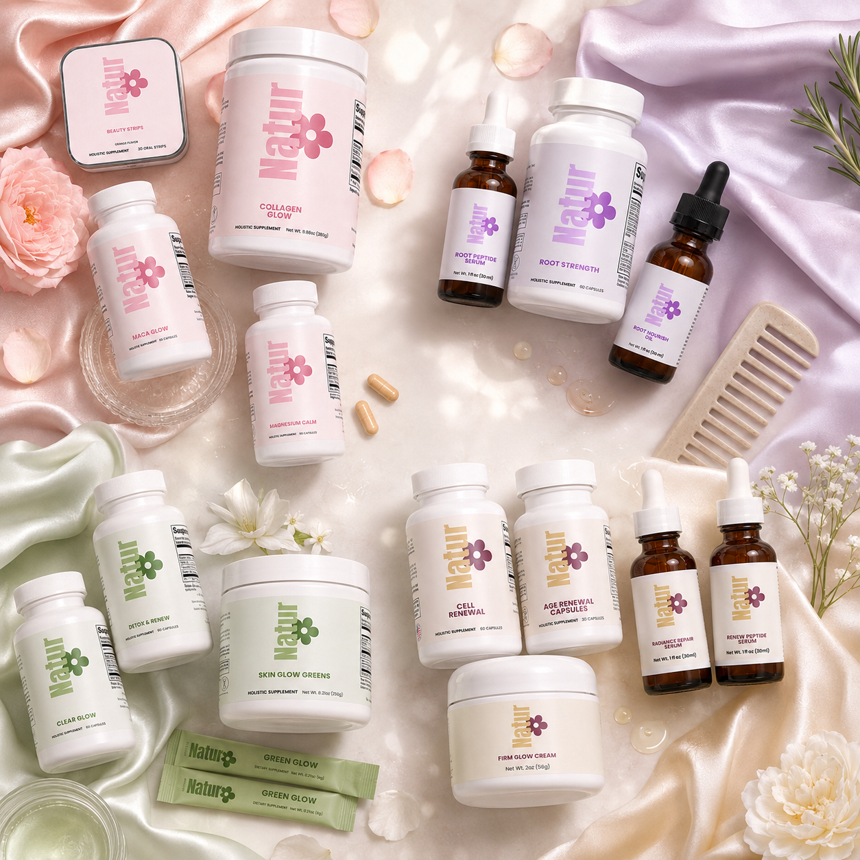 All four Natur Complete Sets: Glow Balance, Hair Growth, Skin Glow, and Age Renewal